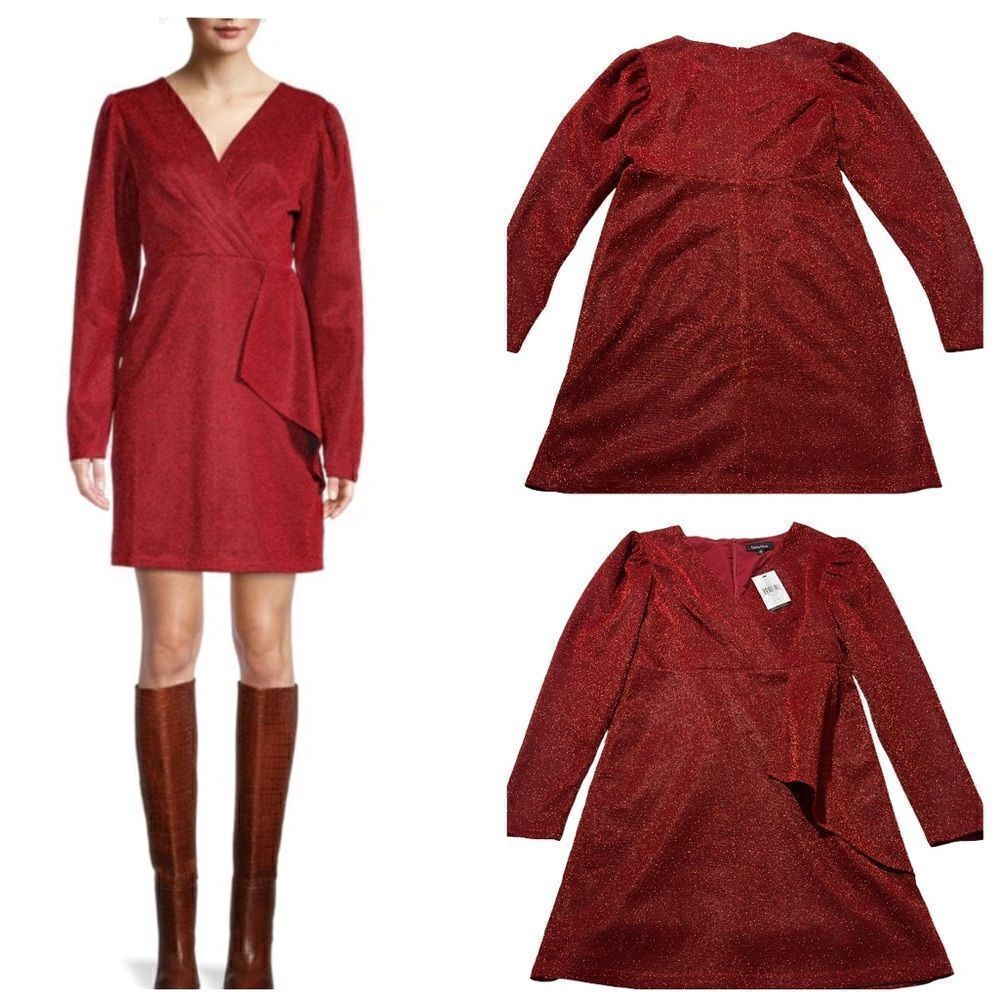 LEA & VIOLA Shimmer Overlay Dress Red MEDIUM - Picture 2 of 16